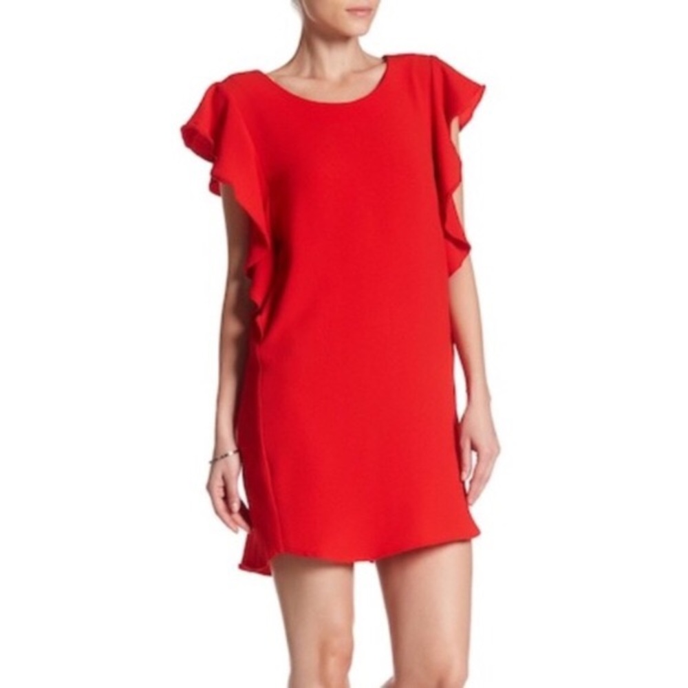 Red Flutter Sleeves Sheath Short Casual Dress- XL